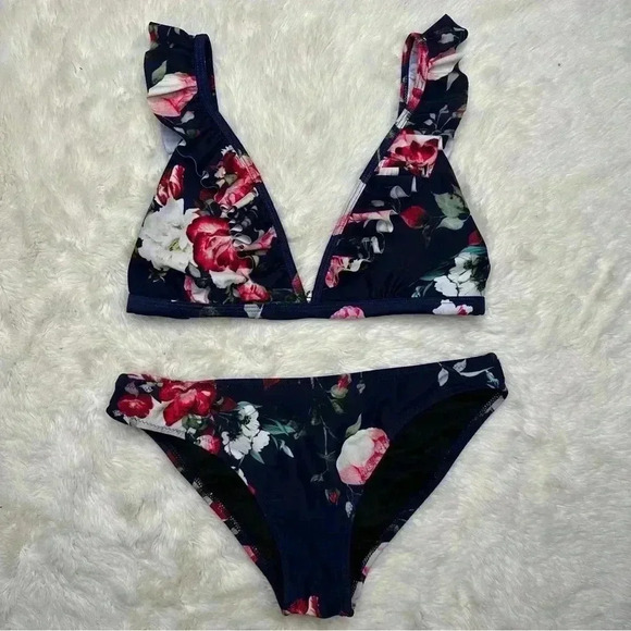 Cupshe Ruffled Bikini  Set Floral Blue / White / Pink Size Small - Picture 1 of 16